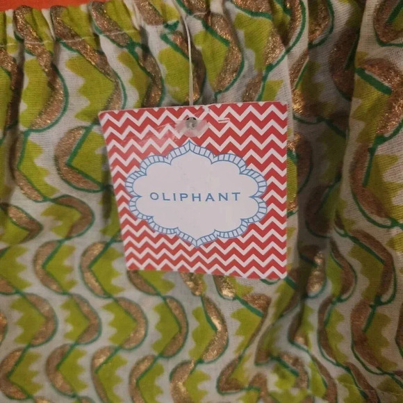 New Oliphant 100% Cotton Blouse Size Large Green Gold Off Shoulder Ruffled - Picture 4 of 7